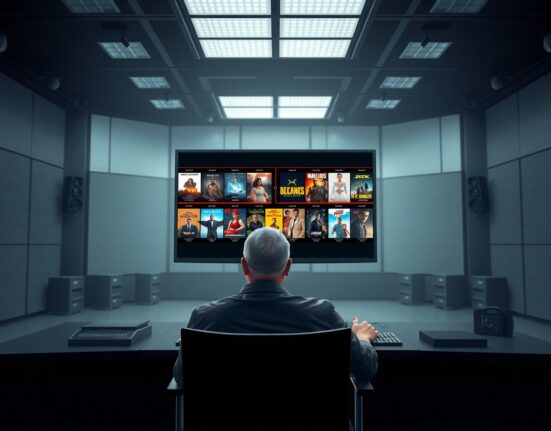 AI film production concept showing multiple movie ideas generated simultaneously in a studio.