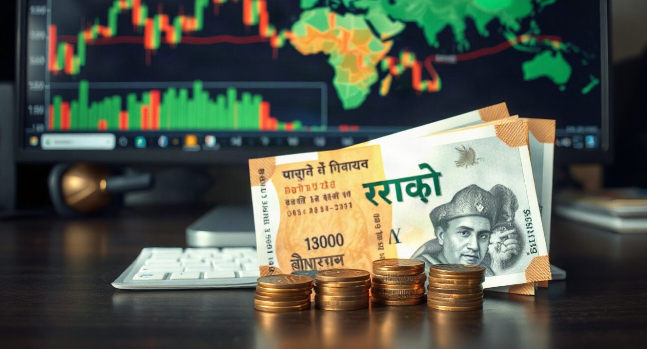 Indian rupee banknotes and coins with a blurred oil price chart in the background