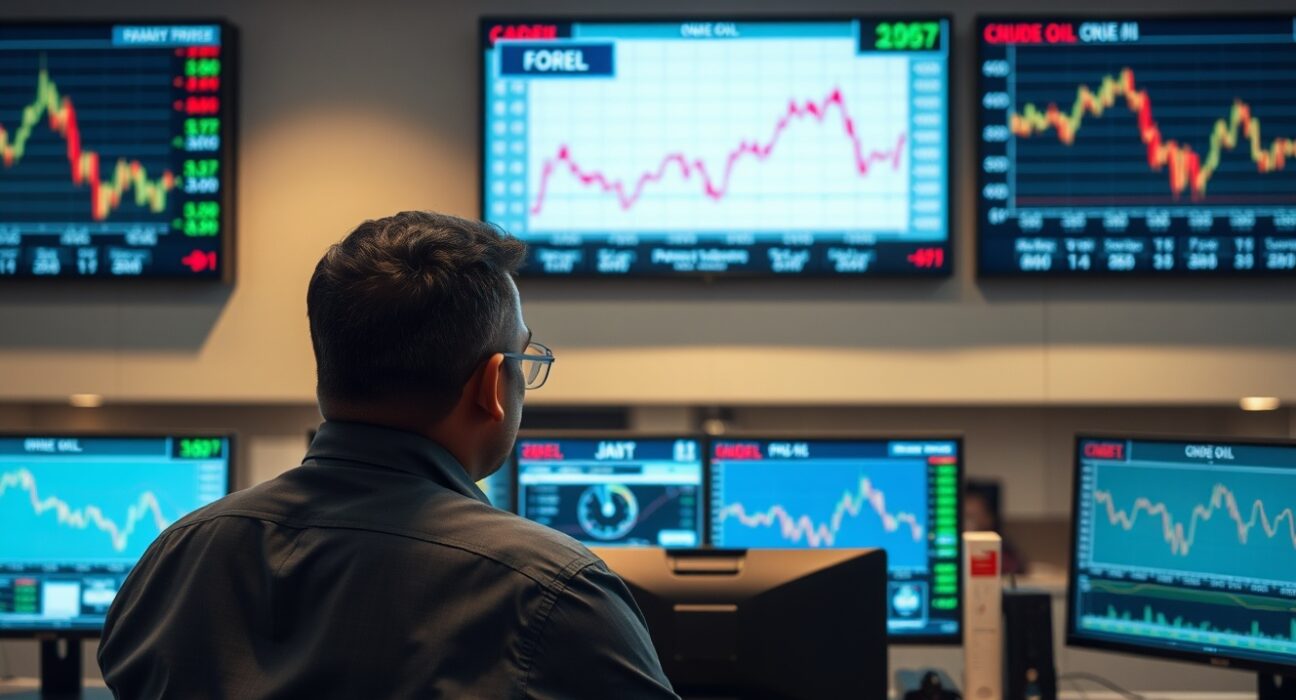 Forex trader monitors rupee and crude oil price charts on multiple screens in a Mumbai trading office.