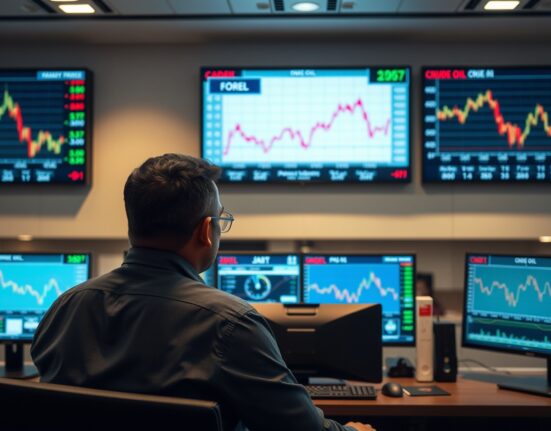 Forex trader monitors rupee and crude oil price charts on multiple screens in a Mumbai trading office.