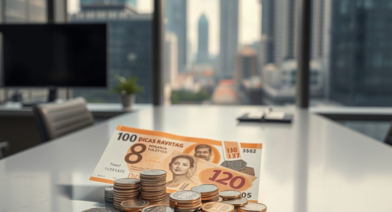 Indonesian rupiah banknotes and coins on a desk with Jakarta skyline in background