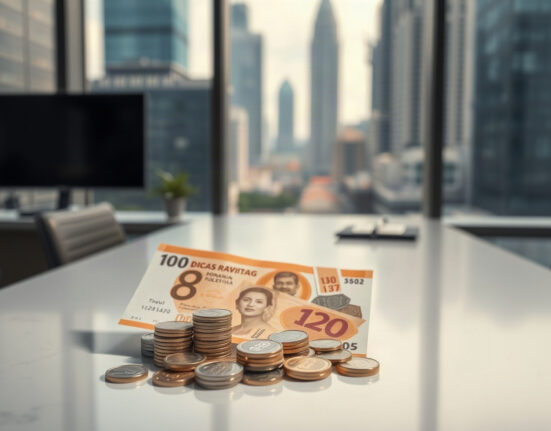 Indonesian rupiah banknotes and coins on a desk with Jakarta skyline in background