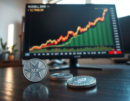 Russell 2000 index chart rising alongside XRP and cryptocurrency tokens, signaling potential market shift.
