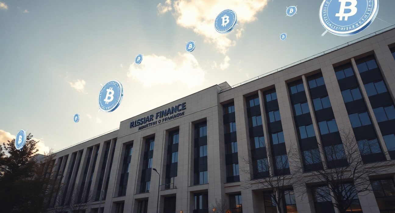 Russian government building with digital cryptocurrency symbols in the sky representing new crypto regulations