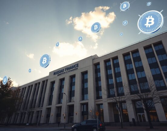 Russian government building with digital cryptocurrency symbols in the sky representing new crypto regulations