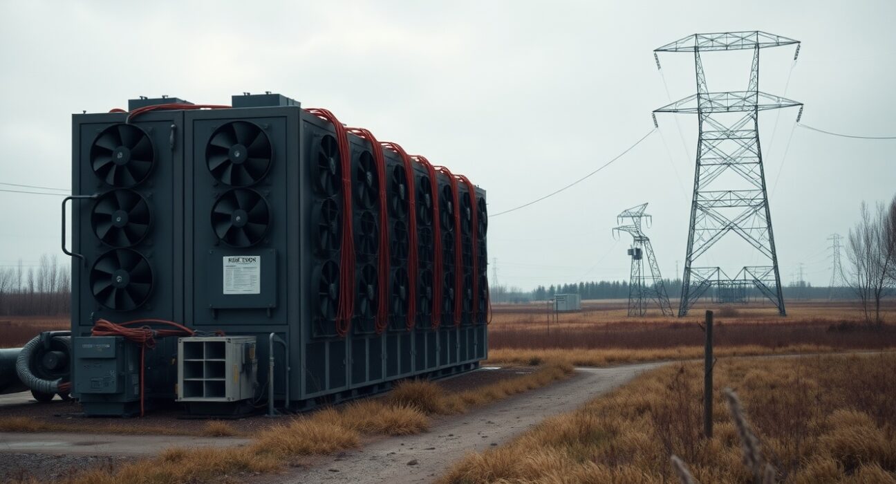 Industrial cryptocurrency mining facility in a rural landscape with overcast sky, representing the energy-intensive industry in the Kursk region.