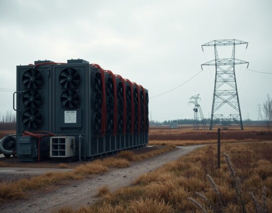 Industrial cryptocurrency mining facility in a rural landscape with overcast sky, representing the energy-intensive industry in the Kursk region.