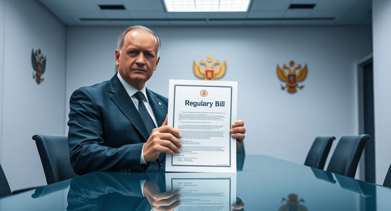 Russian official in Moscow government office holding a regulatory bill on cryptocurrency wallet ban