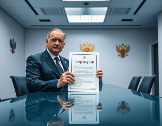 Russian official in Moscow government office holding a regulatory bill on cryptocurrency wallet ban