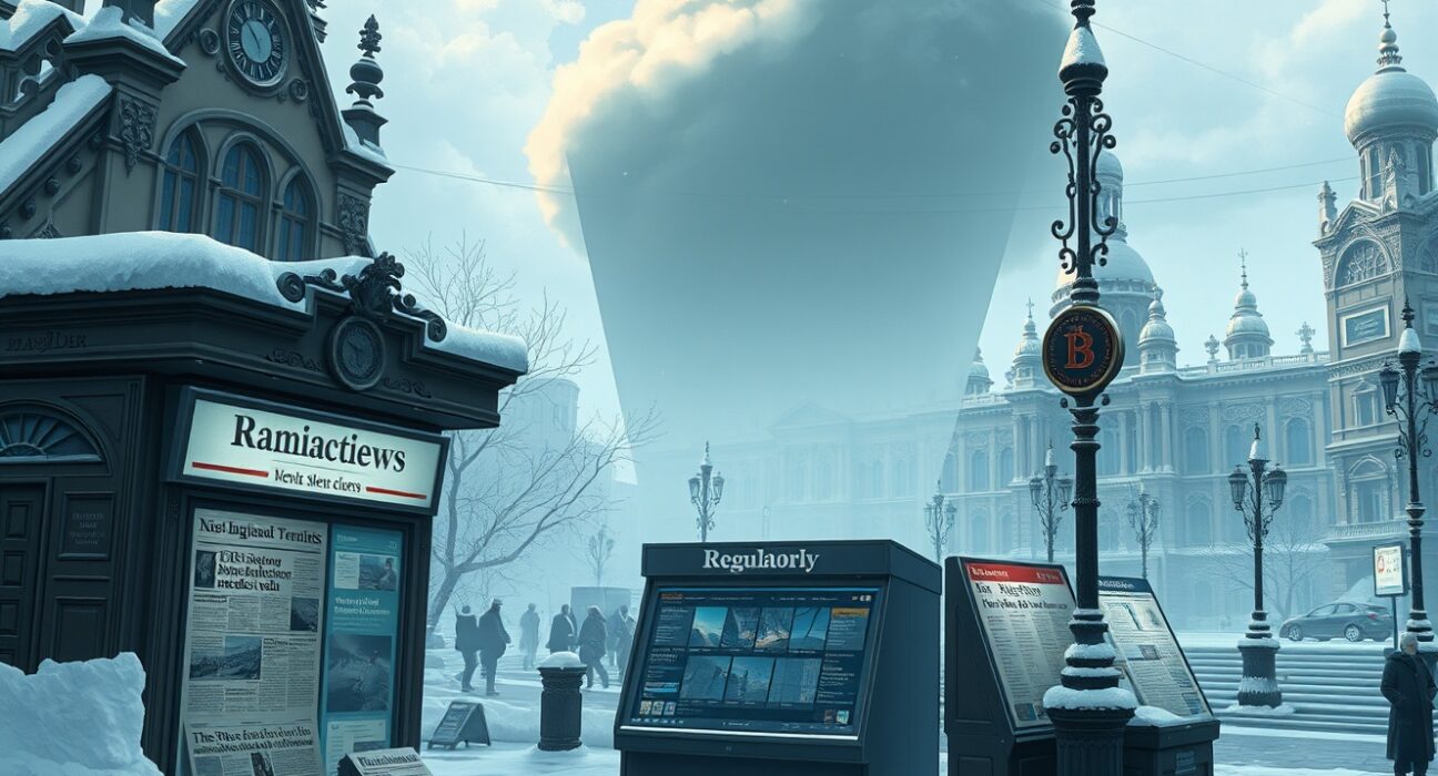 Conceptual illustration of Russia's ban on cryptocurrency news websites and media censorship.