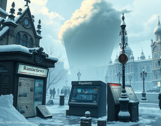 Conceptual illustration of Russia's ban on cryptocurrency news websites and media censorship.