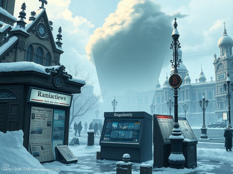 Conceptual illustration of Russia's ban on cryptocurrency news websites and media censorship.