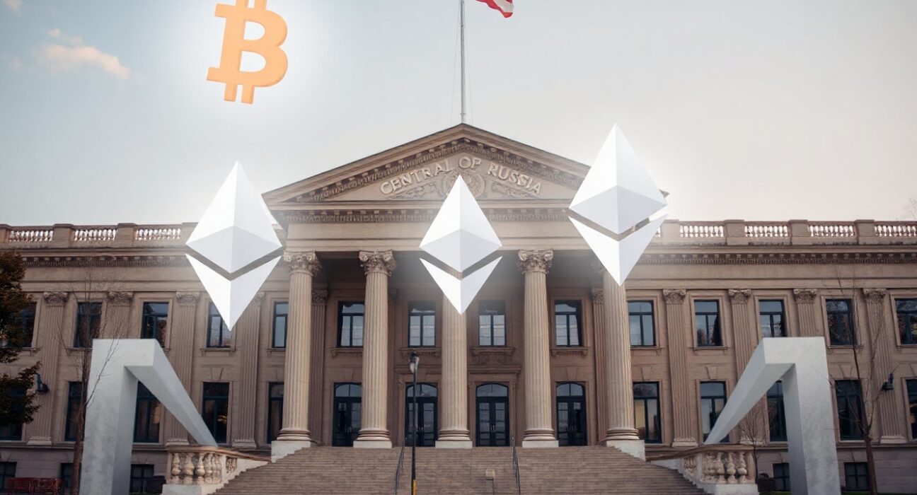 Central Bank of Russia building with digital Bitcoin, Ethereum, and Tether symbols in the sky