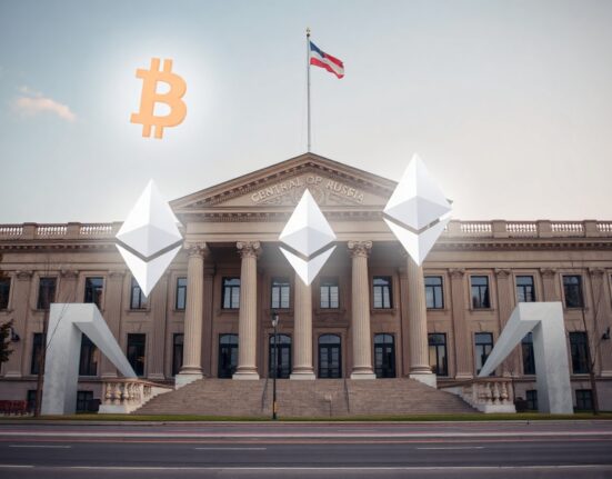 Central Bank of Russia building with digital Bitcoin, Ethereum, and Tether symbols in the sky