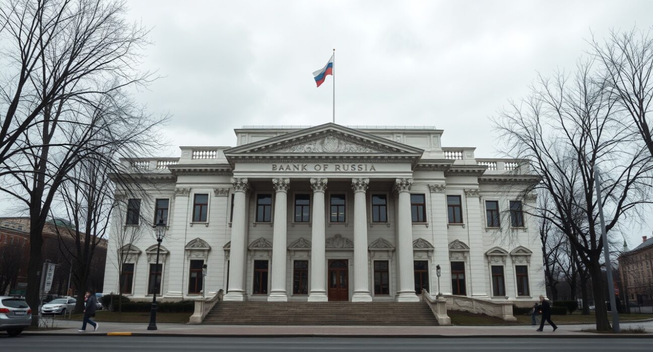 Bank of Russia headquarters in Moscow under overcast sky
