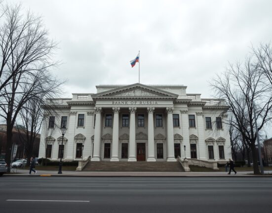 Bank of Russia headquarters in Moscow under overcast sky