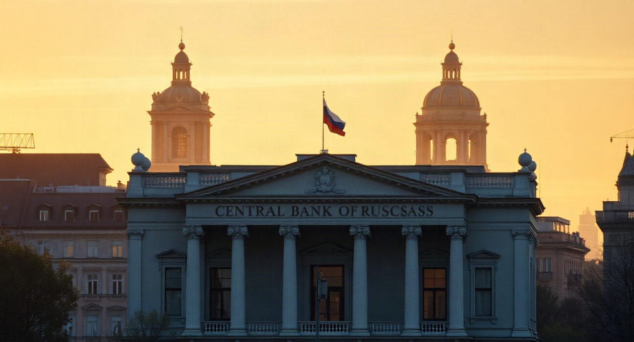 Central Bank of Russia building in Moscow, symbolizing the nation's growing international reserves.