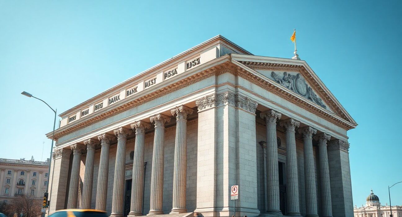 Bank of Russia headquarters in Moscow, a large neoclassical building on a clear day