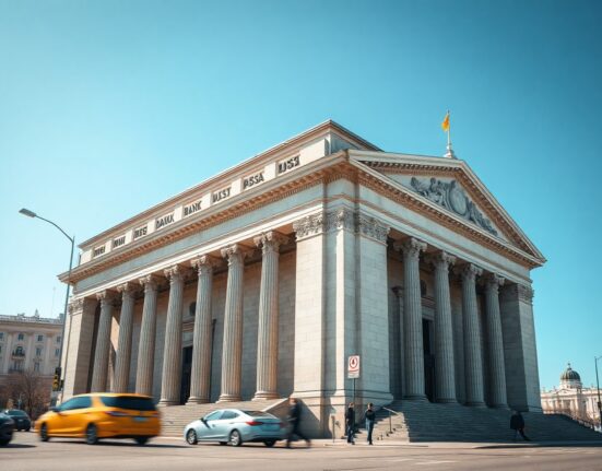 Bank of Russia headquarters in Moscow, a large neoclassical building on a clear day