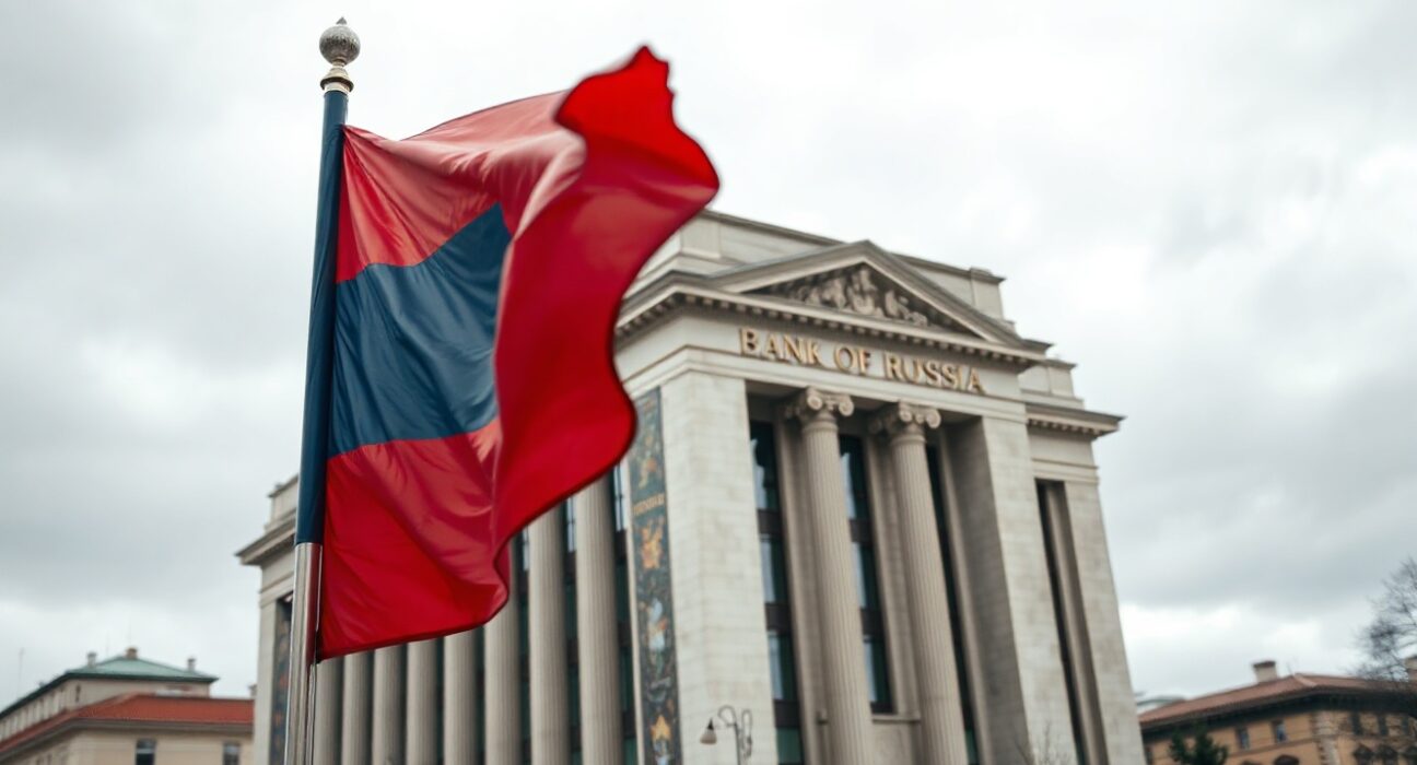 Bank of Russia headquarters in Moscow with Russian flag, symbolizing central bank reserves increase