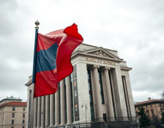 Bank of Russia headquarters in Moscow with Russian flag, symbolizing central bank reserves increase