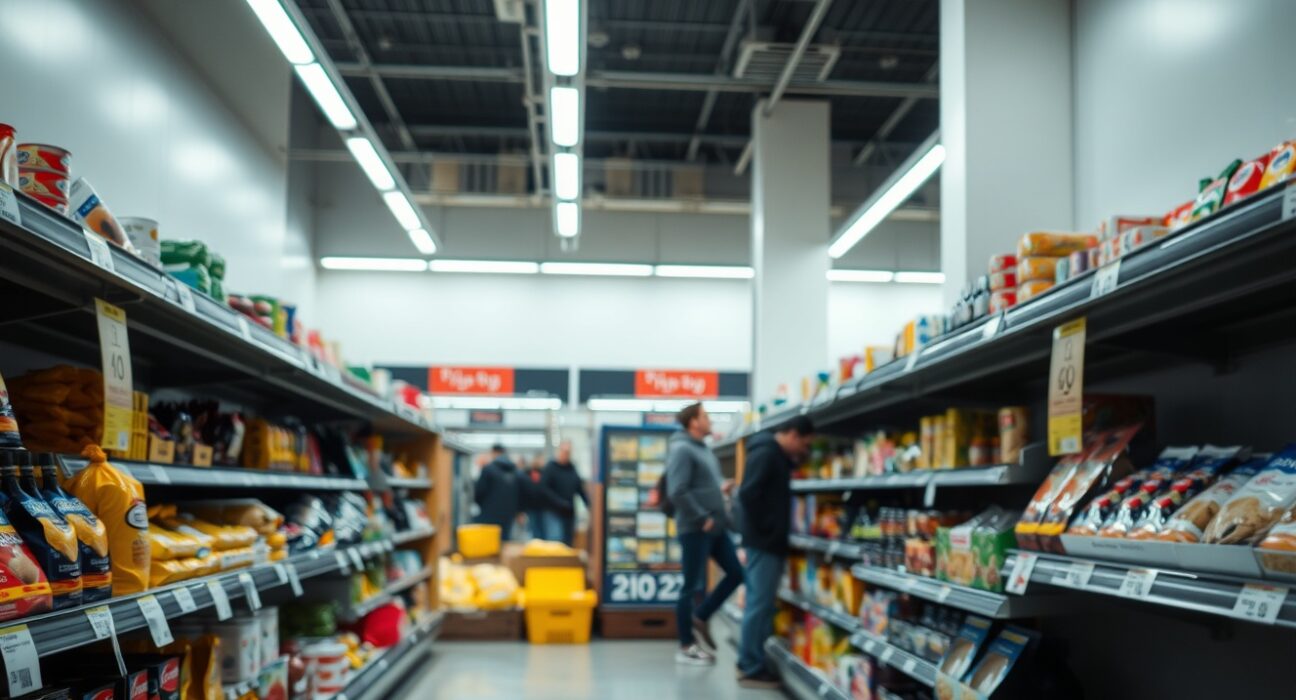Grocery store shelves in Russia with price tags, representing consumer price inflation.
