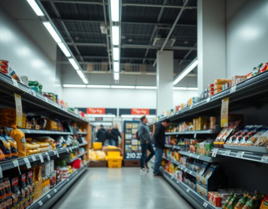 Grocery store shelves in Russia with price tags, representing consumer price inflation.