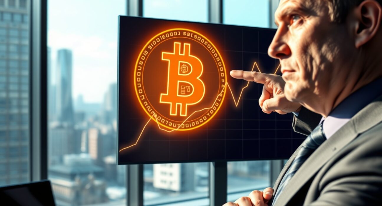 Financial executive pointing at a digital screen displaying Bitcoin symbol and charts in a modern Moscow office