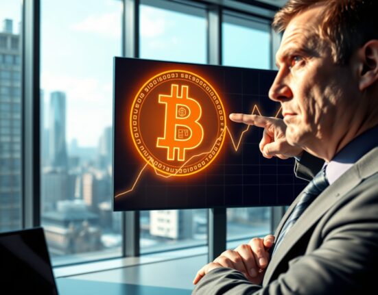 Financial executive pointing at a digital screen displaying Bitcoin symbol and charts in a modern Moscow office