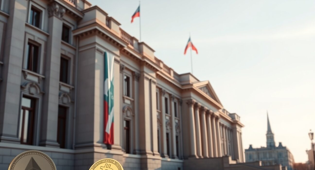 Russian State Duma building with digital cryptocurrency symbols overlay representing new crypto regulation bill