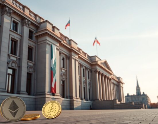 Russian State Duma building with digital cryptocurrency symbols overlay representing new crypto regulation bill