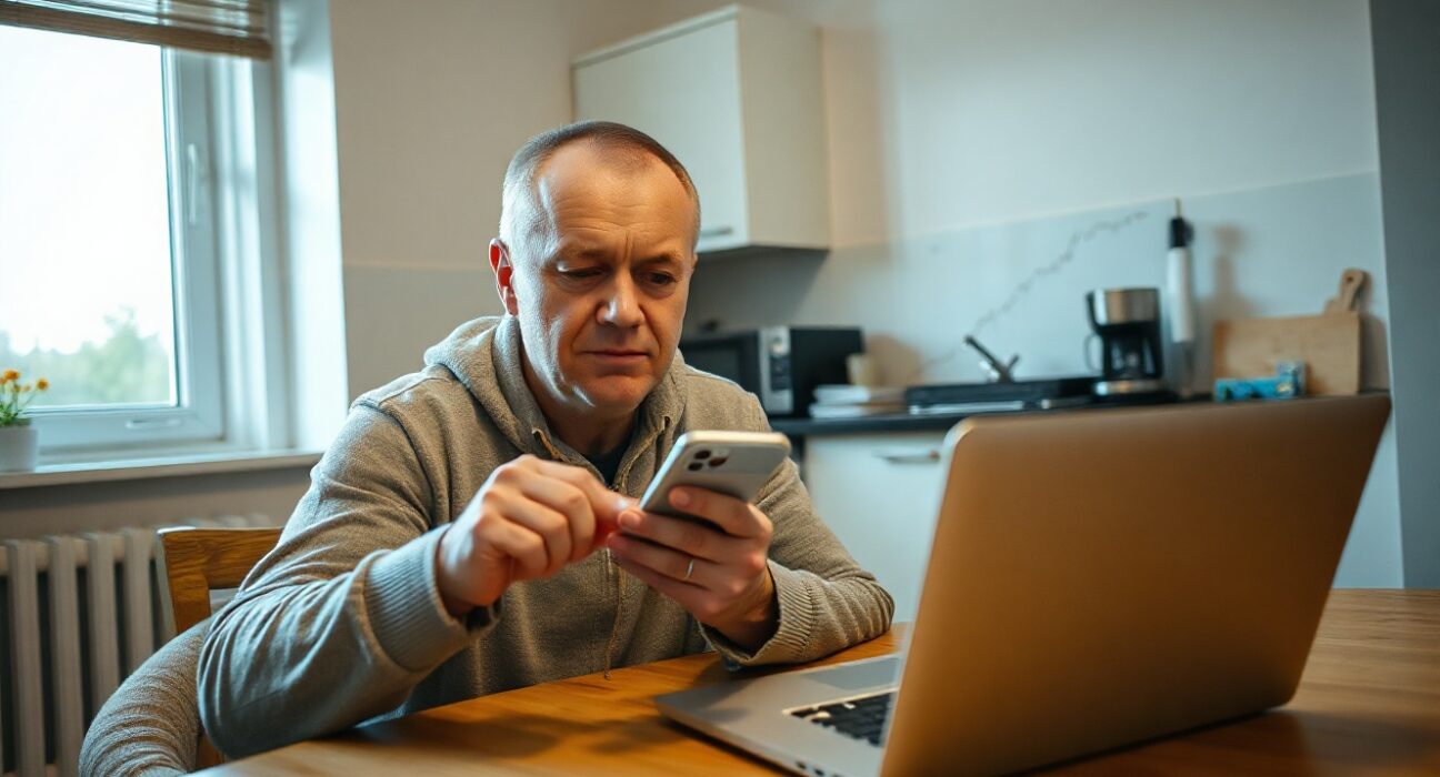 Russian man looking at smartphone with cryptocurrency chart on laptop, illustrating survey findings on low crypto awareness