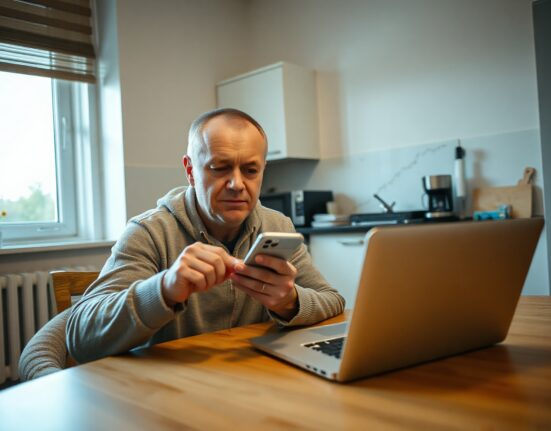 Russian man looking at smartphone with cryptocurrency chart on laptop, illustrating survey findings on low crypto awareness