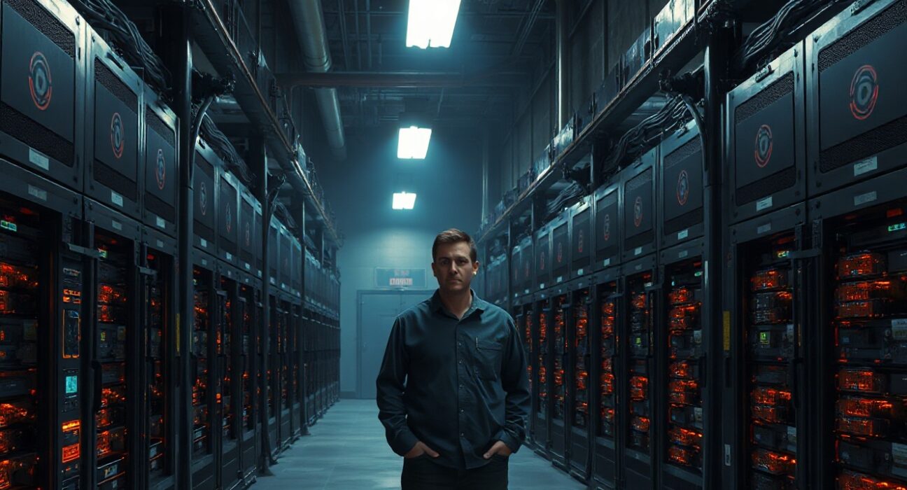 Silent cryptocurrency mining rigs in a dark Russian warehouse after recommended ban