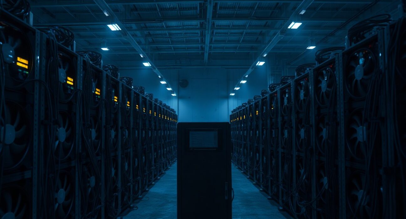 Industrial cryptocurrency mining facility in Russia, with rows of mining rigs and cooling fans.