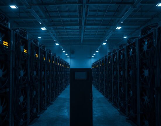 Industrial cryptocurrency mining facility in Russia, with rows of mining rigs and cooling fans.