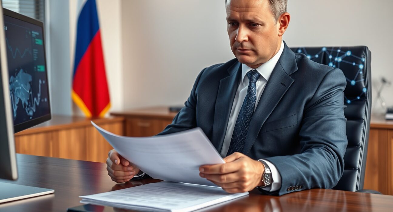 Russian finance official reviewing cryptocurrency regulation documents in government office