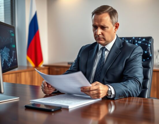 Russian finance official reviewing cryptocurrency regulation documents in government office