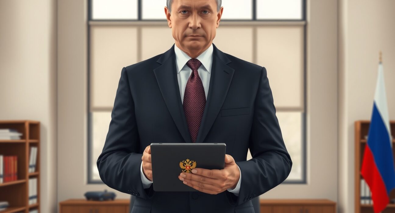Russian official with tablet symbolizing new cryptocurrency trading regulations and restrictions.