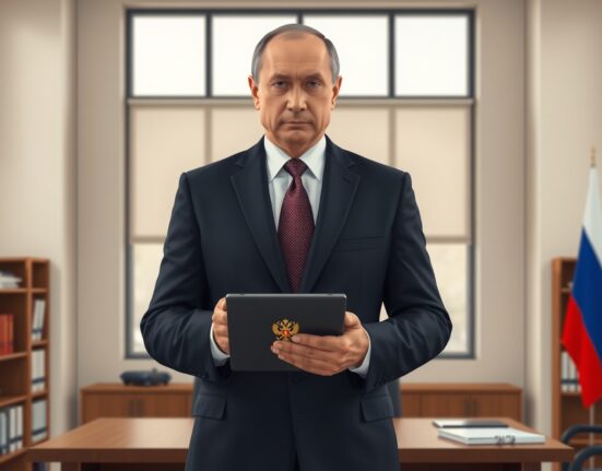 Russian official with tablet symbolizing new cryptocurrency trading regulations and restrictions.