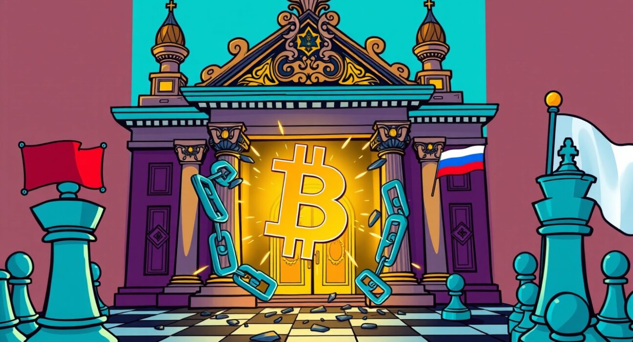 Cartoon of Russia's central bank embracing crypto regulations to break economic chains.