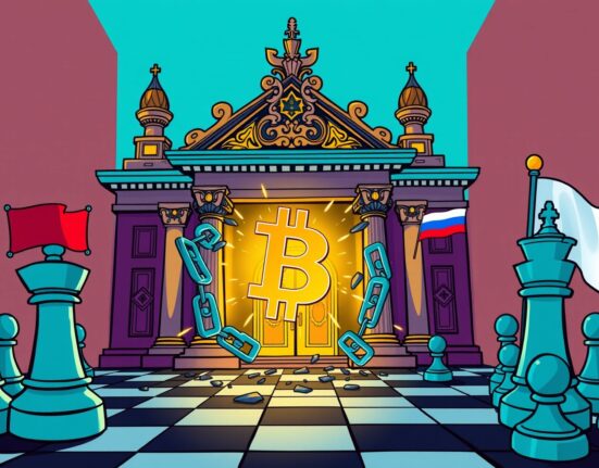 Cartoon of Russia's central bank embracing crypto regulations to break economic chains.