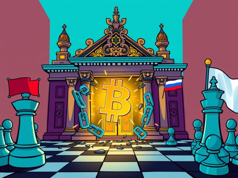 Cartoon of Russia's central bank embracing crypto regulations to break economic chains.