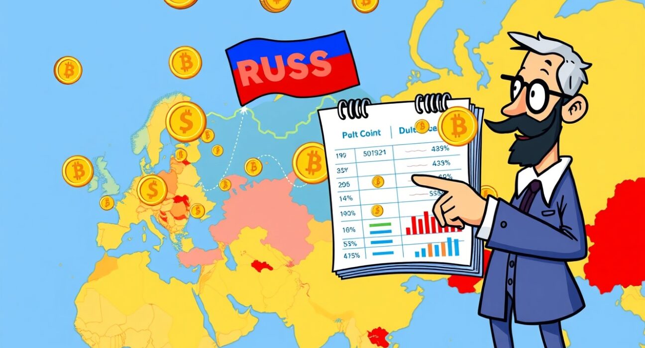 Cartoon illustration showing crypto integration into Russia's trade balance with digital coins flowing on a ledger