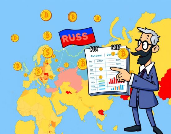 Cartoon illustration showing crypto integration into Russia's trade balance with digital coins flowing on a ledger