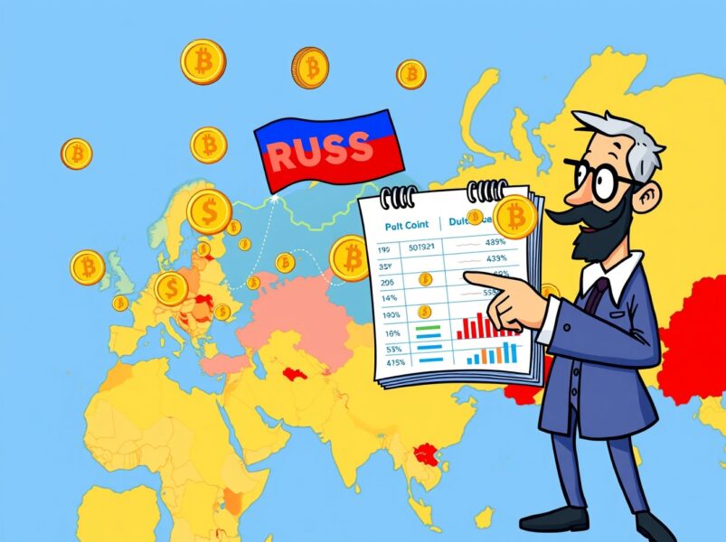 Cartoon illustration showing crypto integration into Russia's trade balance with digital coins flowing on a ledger