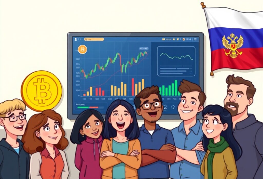 A cartoon illustration showing people eagerly engaging with a digital screen, symbolizing the expanding access to Russia crypto trading for investors.