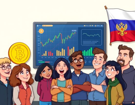 A cartoon illustration showing people eagerly engaging with a digital screen, symbolizing the expanding access to Russia crypto trading for investors.