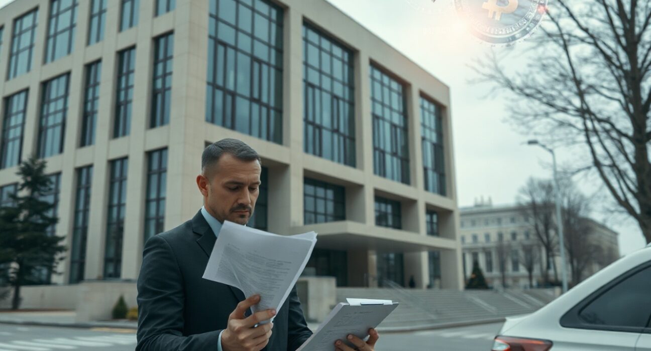 Russian government building with analyst reviewing cryptocurrency transaction data on tablet
