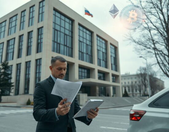 Russian government building with analyst reviewing cryptocurrency transaction data on tablet